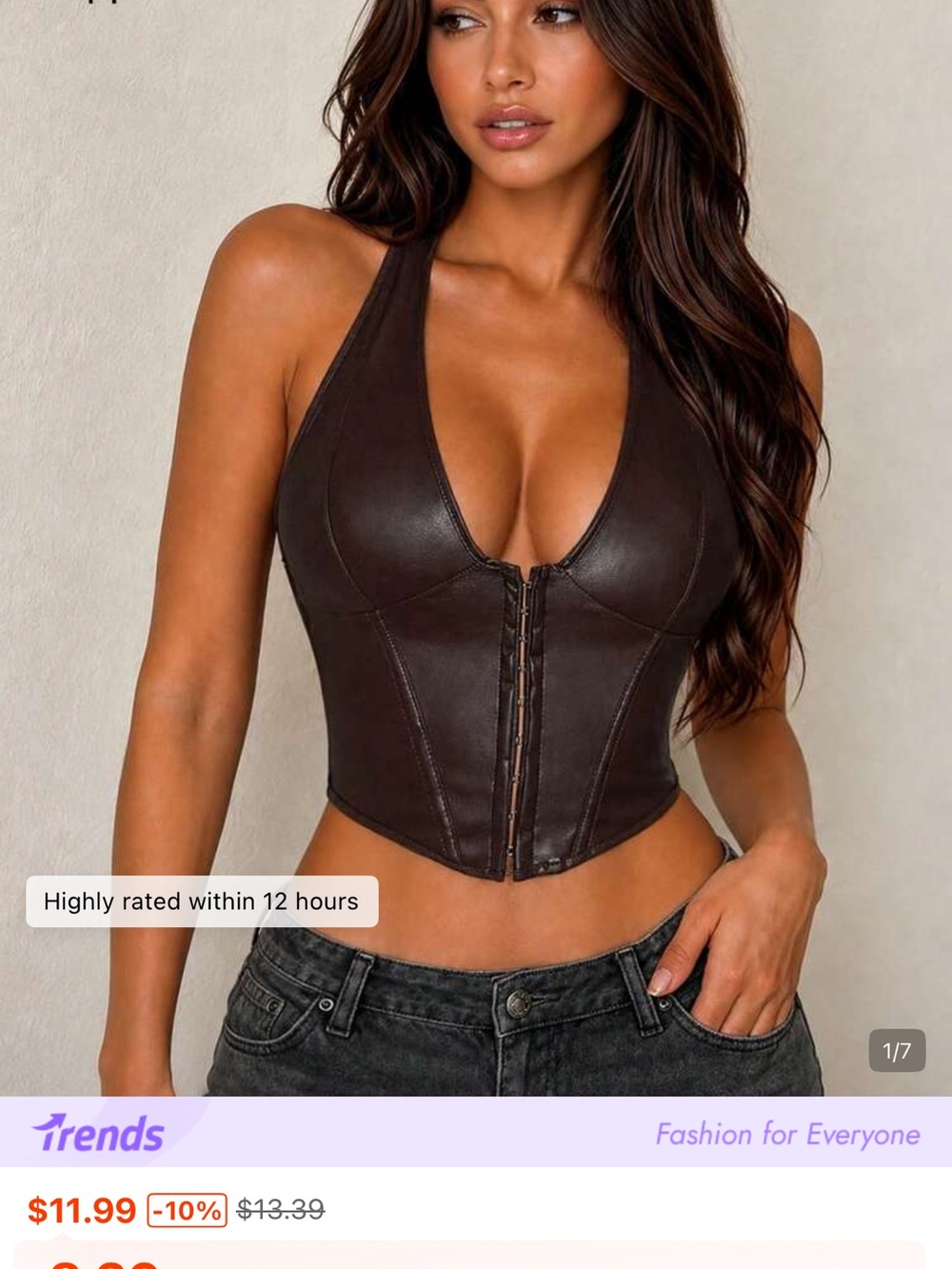 SHEIN Dark Brown Faux Leather Zip-Front Halter Crop Top
